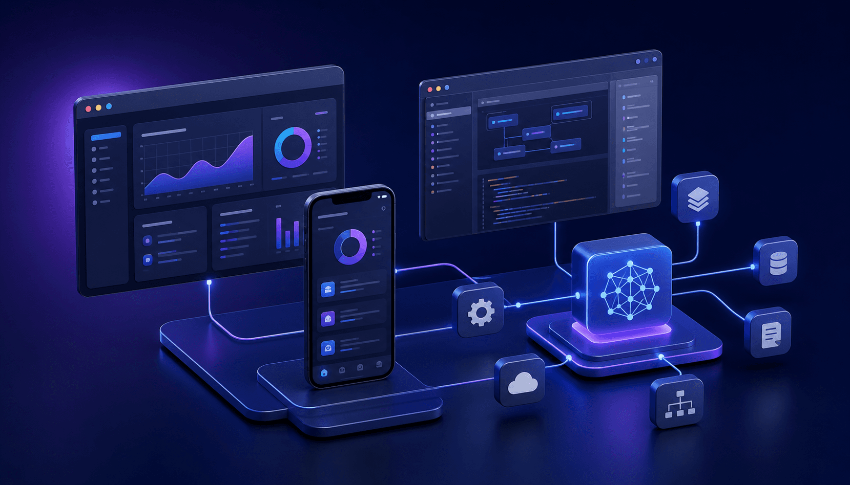 Connected web, mobile, desktop, and AI software systems