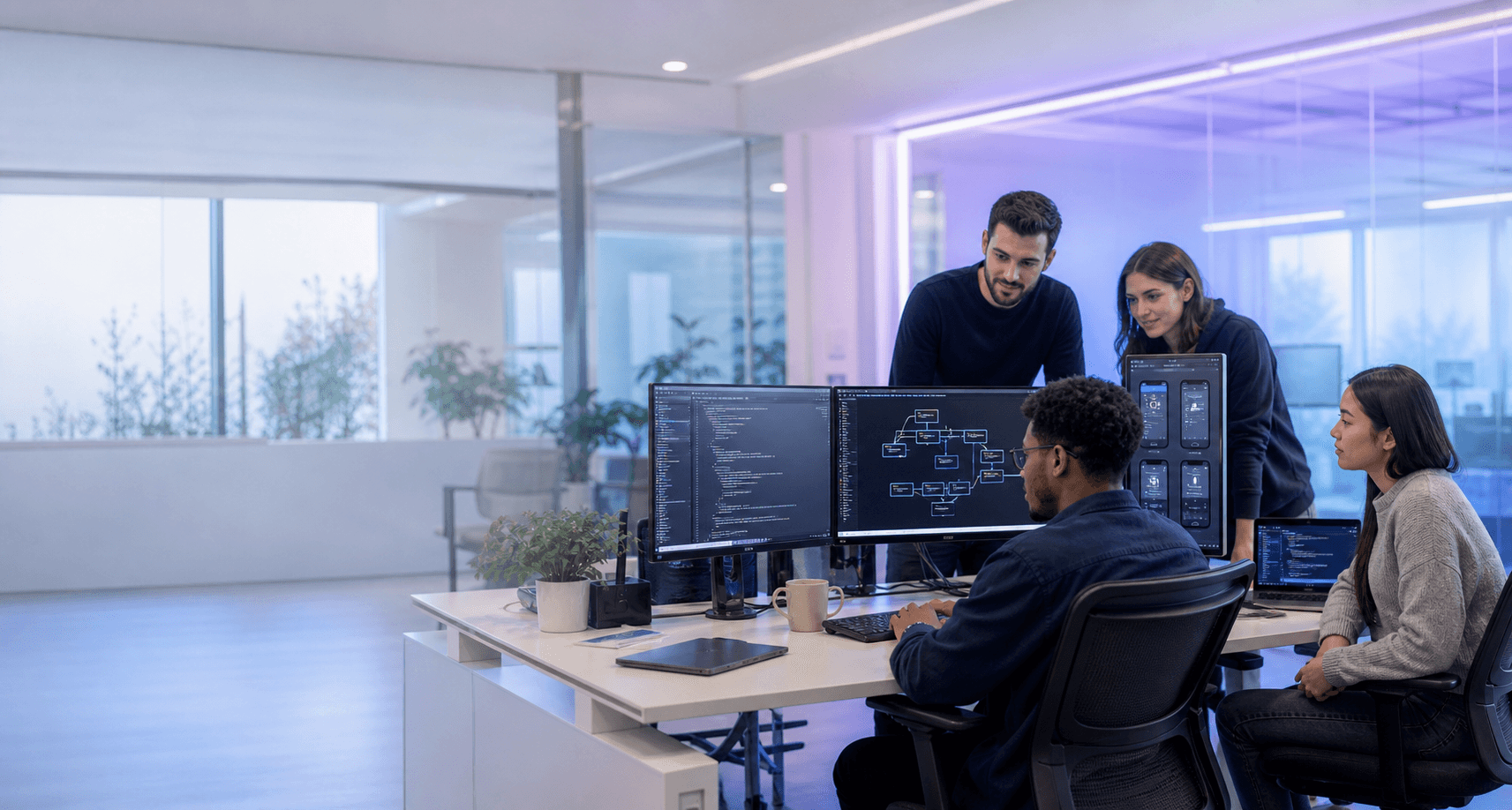 Software team collaborating on web, mobile, and AI solutions
